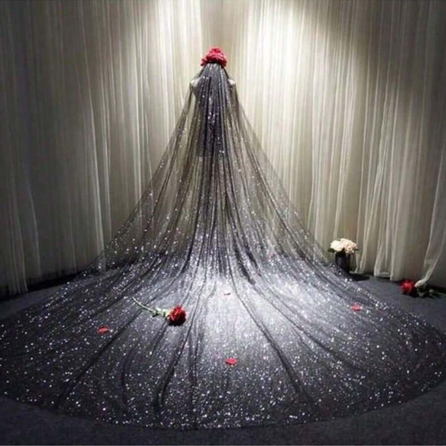 Women 1 Tier Cathedral Length Glitter Tulle Wedding Bridal Veil