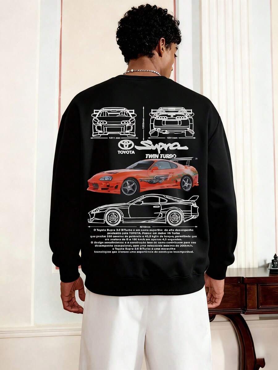 Men's Y2K Style Pure Cotton Crew Neck Sweatshirt  Supra Twin Turbo Car Print Automotive Design Classic JDM Vehicle Graphic S To XL Long-Sleeved Round-Neck Sweatshirt Loose Fit Casual Sportswear Thick Fabric Very Suitable For Autumn And Winter Gifts High-Quality Men's Clothing - Negro - Ver 1