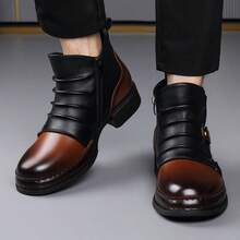 Nuevas botas de tobillo para hombre talla grande con suela gruesa, textura plisada y textura metálica en colores contrastantes, botas personalizadas - Marrón - Ver 2