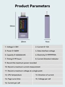 POROMETISTO UT03C 数字电压表，USB/Type-C 电流电压容量电池测试仪/充电器容量测试仪，直流 4-30V - 藍色 - 查看 4