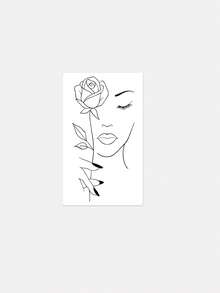 1张时尚INS风PVC材质线条艺术脸部玫瑰纹身贴纸，简约小众手绘美人花卉手臂贴纸，防水防汗持久仿真纹身贴 - 黑色 - 查看 4