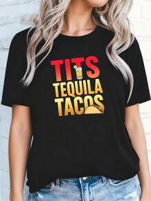 New Spring/Summer 2026 Fashion Short-Sleeve T-Shirt, Made In Mexico, 200g. 100% Cotton. Fun Graphic Tee With A Taco And Tequila Design, Cartoon Print, Suitable For Couples, Perfect For Layering Or Wearing Alone. Crew Neck, Versatile And Unisex. Suitable For Both Office And Casual Occasions. Individually Packaged. The Perfect Short-Sleeve T-Shirt For Summer. - 黑色 5 - 查看 2