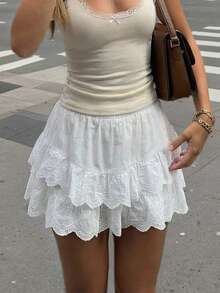 White Hollow Embroidered Ruffle Hem Mini Skirt | Elastic Waist Sweet Girl Skirt Suitable For Dates And Daily Wear - White - View 7