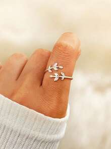 1pc Cubic Zirconia Leaf Adjustable Ring, Suitable For Party Jewelry And Birthday Gift, For Teens - Silver - View 5