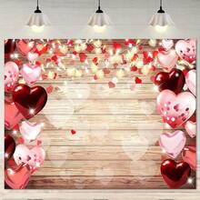 1pc Valentine's Day Photography Backdrop, With Red & Pink Heart Shapes And String Lights - Rustic Wooden Design Polyester Fabric, Suitable For Weddings, Bridal Showers, Mother's Day - No Power Needed Party Decor, Valentine's Day Decor, Romantic Event Ambiance, Decorative Lighting Effect - Multicolor - View 1