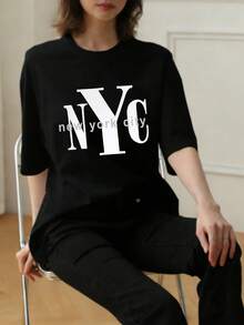 Áo thun ngắn tay nữ mùa hè in hình thành phố New York, kiểu dáng thoải mái, đa năng, màu đen. - màu đen - Xem 2