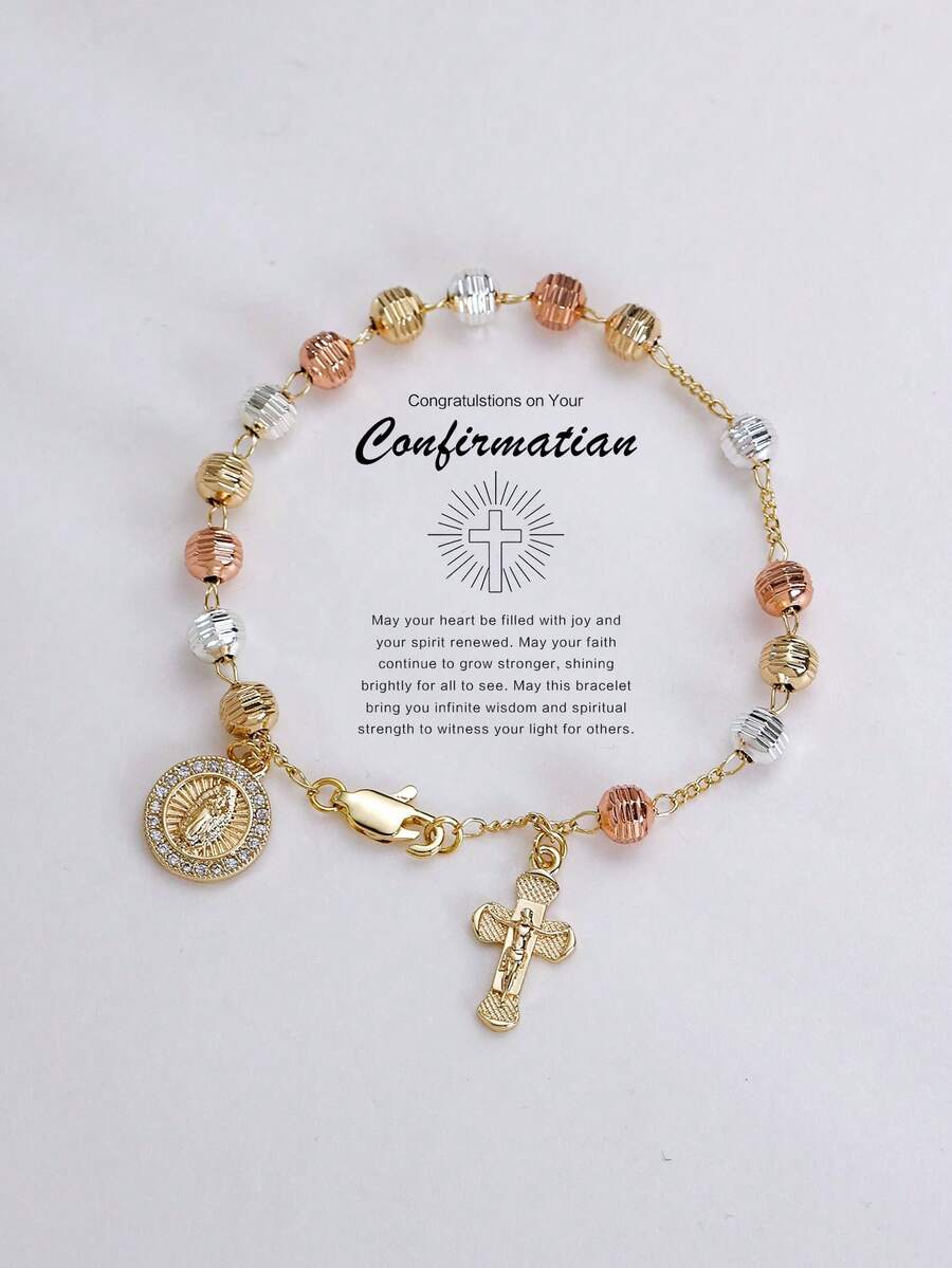 1pc Women's Bracelet, Fashionable Shiny Religious Style Handmade Silver Beaded Bracelet, Guadalupe Virgin Mary Cross Bracelet, Christmas Gift/Gift For Wife/Mother/Lover/Birthday Gift (Christian Gift) - Beaded Bracelet - View 1