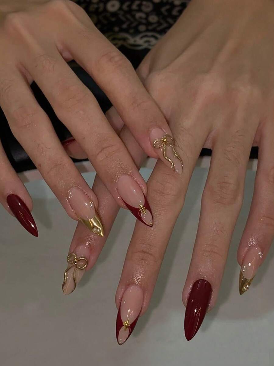 1 Bộ (24 miếng) Miếng dán móng tay hình hạnh nhân dài kiểu Pháp, thiết kế đầu móng màu đỏ và vàng, trang trí nơ 3D và ngọc trai giả hình ngôi sao, phong cách cổ điển, độ bóng cao, che phủ toàn bộ, phù hợp cho phụ nữ và bé gái sử dụng hàng ngày, phụ kiện trang trí móng tay ngày Valentine. - Nhiều màu - Xem 1