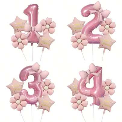 6pcs Pink Number Bow Balloons With Daisy Flowers, "Happy Birthday" And Star Foil Balloons, Suitable For Birthday Party, Celebration, Anniversary, Holiday, Backdrop, Outdoor Party Decor, Photo Props, Valentine's Day Decoration