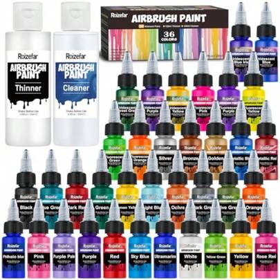 Airbrush Paint 36 Colors With 4.05 Fl Oz Thinner And 4.05 Fl Oz Cleaner Water-Based Air Brush Paints Acrylic Ready To Spray Includes Iridescent Metallic Neon Classic Colors 20ml/Bottle
