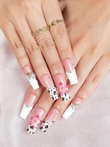 10 Peças Unhas Postiças Longas com Estampa Floral Francesa, Adesivos de Unhas Acrílicas Feitos à Mão com Padrões de Leopardo & Floral. Conjunto de Unhas DIY Holográfico Y2K com Flores Degradê 3D, Laços e Motivos de Cereja para Salões de Unhas, Manicures Diárias, Festivais e Festas, Suprimentos - Multicolorido - Visão 8