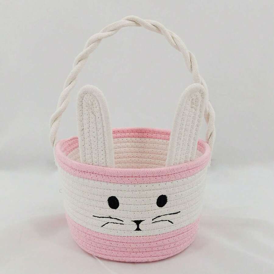 Easter Bunny Basket Cute Contrast Color Rope Easter Bucket Tote With Long Handle For Home Party School - transparente - Ver 1