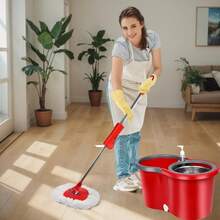 Rotating Mop And Bucket System With Integrated Dehydration Function, Featuring An Adjustable Handle And A 6.1-Inch Cleaning Bucket; Includes Three Microfiber Mop Heads And Enables 360° Rotation For Efficient Floor Cleaning - Red - View 11