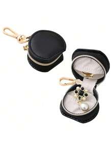 Portable PU Leather Jewelry Organizer (1Pc) – Waterproof Durable Travel Box Earrings Rings, Compact Space-Saving Design - Black - View 1