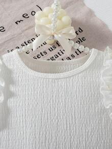 Niñas jóvenes Nuevo verano Sólido Color Cuello redondo Volantes Decoración con cuentas + Falda pantalón sólida linda con cuentas - Blanco - Ver 7