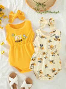 Bộ 2 món áo liền thân không tay in hình ong và chữ hoạt hình dễ thương cho bé gái, kèm băng đô. - Màu vàng - Xem 1