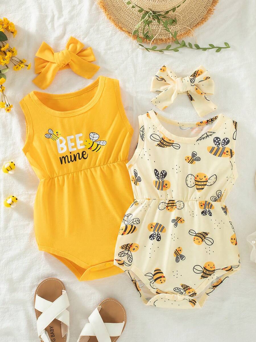 Bộ 2 món áo liền thân không tay in hình ong và chữ hoạt hình dễ thương cho bé gái, kèm băng đô. - Màu vàng - Xem 1