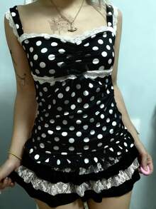 Women's Y2K Polka Dot Tank Tops Fairy Grunge Lace Trim Bow Camisole Cute Ruched Lace Ruffled Hem Cami Tops Sleeveless Slim Fit Coquette Crop Tops For Teen Girls Vintage Shirts Summer Aesthetic Tops - 黑色 - 查看 1