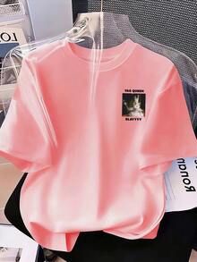 Áo thun dáng rộng in hình chuột và chữ ngộ nghĩnh dành cho bé gái tuổi teen, thích hợp mặc đi làm hàng ngày, phong cách thường ngày, mùa hè. - Hồng - Xem 3