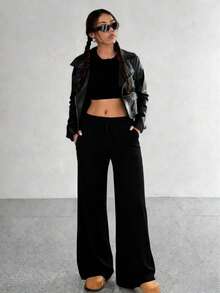 Pantalones de pierna ancha con estampado de leopardo para mujer, cintura elástica, pantalones sueltos casuales - Negro - Ver 2