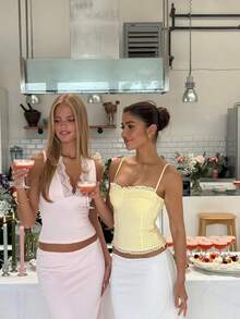 Women's Lace Sleeveless Slim Fit Fitted Tank Top With Thin Straps And Lace Trim Detail Perfect For Going Out Party Tops And Casual Summer Wear - Yellow - View 6