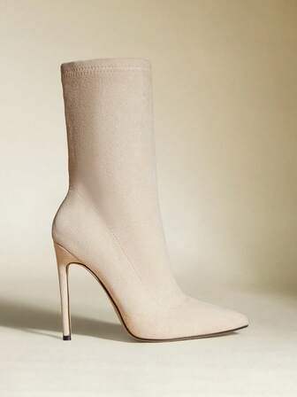 بوت كاحل مدببة بطول 12 سم من اللايكرا المرن، أنيقة وجذابة، بلون المشمش، مناسبة للخريف/الشتاء، كعب عالي