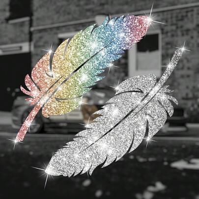 2 piezas Calcomanías de plumas brillantes para auto - Diseño vibrante y brillante con brillo, fácil de pelar y pegar, sin residuos - Perfecto para autos, camiones, SUV - Agrega un toque de glamour