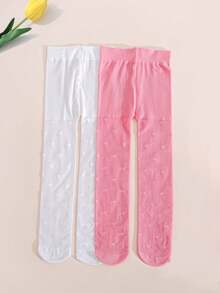 2条装女婴爱心图案打底裤，甜美风格，高弹高密度，春夏踩脚裤 - 彩色 - 查看 2