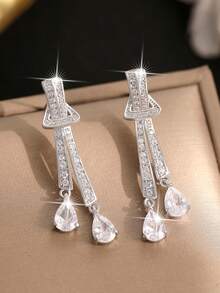 1对精致领结水滴吊坠耳环，优雅立方氧化锆时尚耳环，适合女性订婚、婚礼、生日派对等场合佩戴，铜质首饰 - 白色 - 查看 5