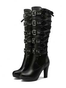 Women Y2K Style Goth Knee High Boots Buckle Lace Block Heel Lace Up Knee Length Boots Back Zip Punk Platform Tall Boots For Wedding Bridal Bridesmaid Dress Party Halloween - 黑色 - 查看 7
