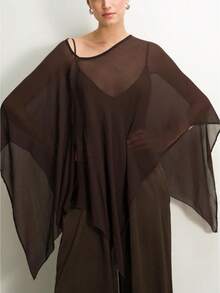 Women's Elegant And Fashionable Soft Shawl Top, Solid Color Boat Neck Loose Transparent Asymmetrical Hem Shawl Top, Suitable For Concerts, Parties, Daily Life - 卡其色 - 查看 1
