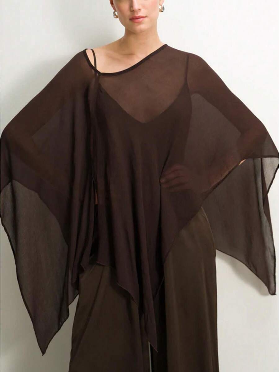 Women's Elegant And Fashionable Soft Shawl Top, Solid Color Boat Neck Loose Transparent Asymmetrical Hem Shawl Top, Suitable For Concerts, Parties, Daily Life - 卡其色 - 查看 1