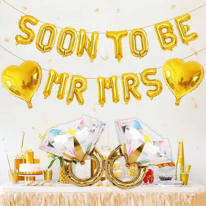 17pcs Engagement Party Decorations, Includes Mr & Mrs Balloon Banner, Heart Balloons, Ring Foil Balloons, Suitable For Gold Proposal, Wedding Rehearsal, Bridal Shower, Bachelorette Party Decor