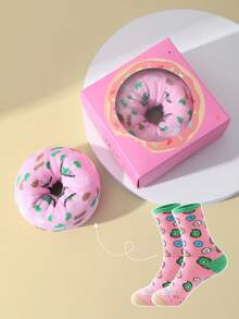 1 Pair Cute & Unique Multi-Color Donut Themed Mid-Calf Socks Gift Box, 2026 Spring/Summer New Unisex Sports Socks, Imaginative Food-Inspired Creative Design, Knit Fabric, Soft & Comfortable, Perfect Gift For Easter, Birthday, Thanksgiving, Halloween, Christmas, Carnival, Valentine's Day, Family Gathering, Party, Fashionable & Quirky Daily Casual Wear - Multicolor - View 7