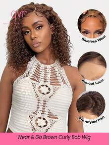 QVR QUEEN VIRGIN REMY QVR Glueless Brown Water Wave Bob Lace Front Wigs Human Hair Pre Cut 4X4 Closure Bob Wigs Pre Plucked Transparent Lace Front Wig 14 Inch Chocolate Brown Curly Bob Wig With Side Lace Part Wear & Go Bob Lace Wig 150% Density Remy Brazilian Hair