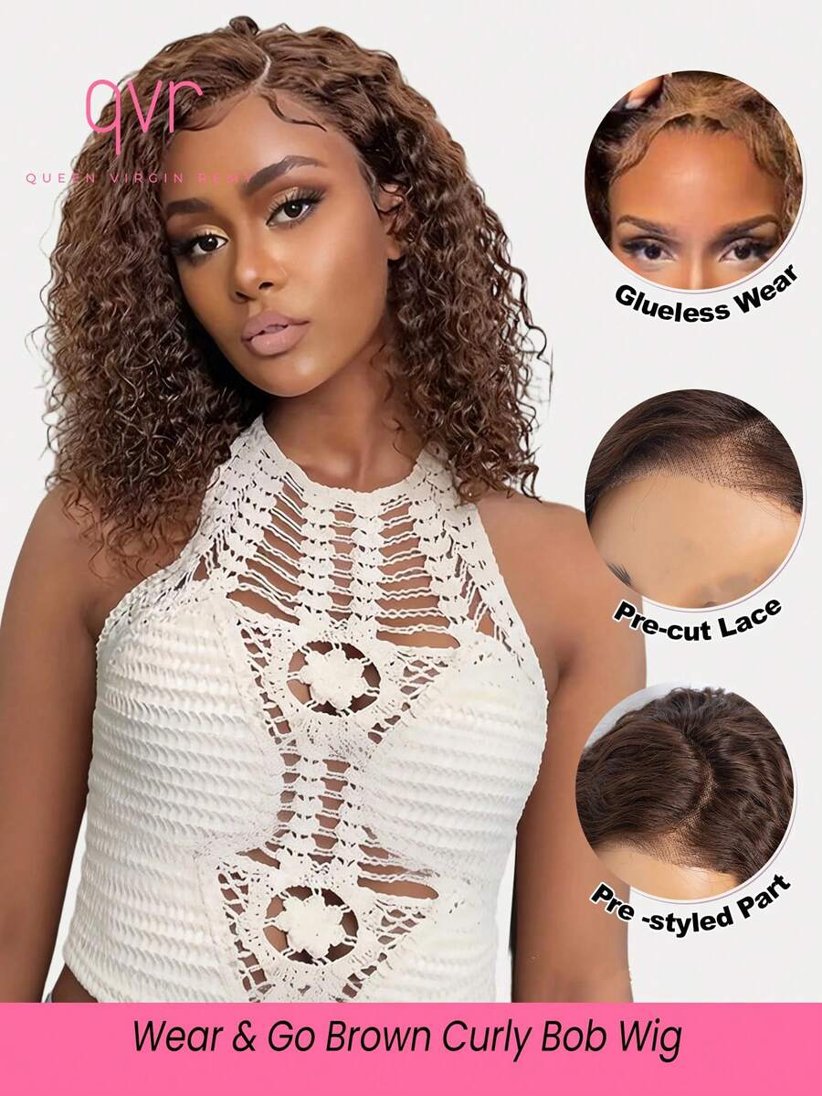 QVR QUEEN VIRGIN REMY QVR Glueless Brown Water Wave Bob Lace Front Wigs Human Hair Pre Cut 4X4 Closure Bob Wigs Pre Plucked Transparent Lace Front Wig 14 Inch Chocolate Brown Curly Bob Wig With Side Lace Part Wear & Go Bob Lace Wig 150% Density Remy Brazilian Hair