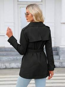 Áo khoác gió nữ Giolshon màu trơn tối giản kiểu dáng công sở, cài khuy đôi, có túi và thắt lưng, màu đen, thích hợp mặc mùa thu/đông. - màu đen - Xem 4