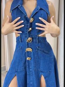 Women's Fashionable Sleeveless Denim Dress With Hollow Waist, Slit Skirt Design, Mid-Length Skirt With Metal Buckle Decoration - 藍色 - 查看 7