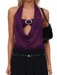Women 2-Piece Set, Sleeveless Backless Halterneck Sheer Top With Bra For Club Party - Purple - View 5