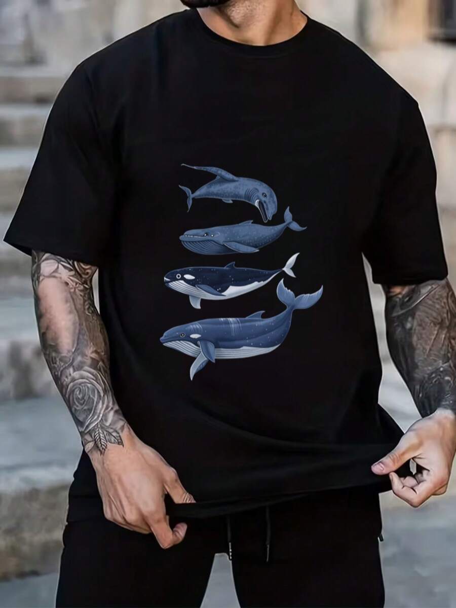 Essential Cotton T-Shirt With Black Whale Pattern - 黑色 - View 1