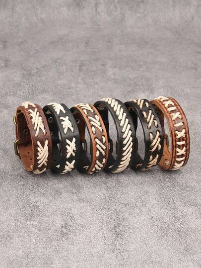 1pc Fashionable Punk Braided Leather Bracelet, Adjustable Buckle Wristband, Couples Bracelet, Valentine's Day & Halloween Gift, Unisex Jewelry Accessory For Daily Wear