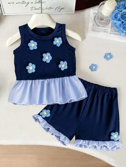 2件套女婴夏季新款碎花装饰下摆条纹印花圆领纯色背心和荷叶边下摆纯色短裤休闲时尚套装