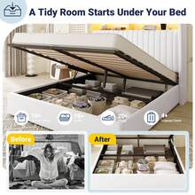 Allewie Full/Queen/King Size Lift Up Hydraulic Storage Bed Frame, 2-Tier Shelf Headboard With LED Lights And Charging Station, USB And Type C Ports, Wingback Velvet Headboard, No Box Spring Needed, White - 查看 2
