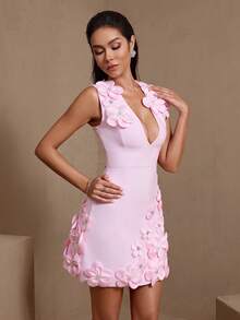Women's Sleeveless Knit Dress, Elegant 3D Floral Decor And Zipper Details, Suitable For Parties Party Pink Wedding Fall - Pink - View 5