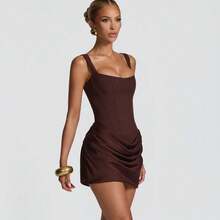 Summer European And American Style Fishbone Waist Cinching Strapless Off-Shoulder Short Sexy Hot Girl Dress - Màu Đỏ Sâu - Xem 4