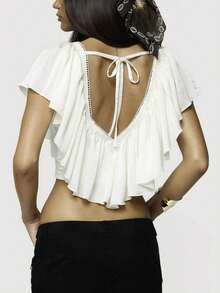 Women Y2K Ruffled V Neck Crop Top Frill Trim Tie Back Tops Summer Going Out Top Vintage Boho Blouse Shirt Streetwear Rave Outfit,Concert Outfit,Valentines Clothes,Beach Vacation Outfits - trắng - Xem 3