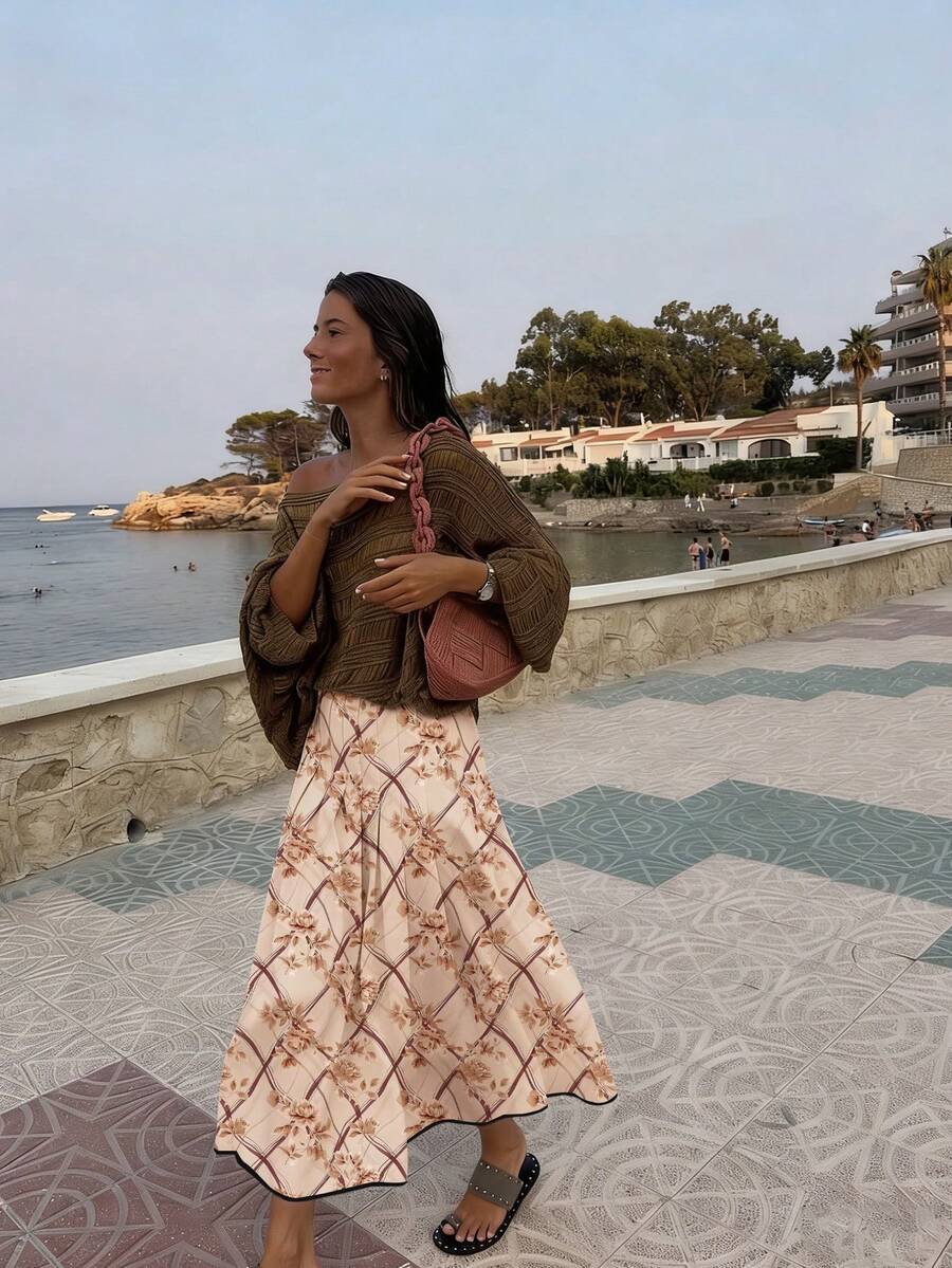 Falda larga plisada de uso diario y casual elegante para mujer en primavera/verano - Plisada, estampado floral, larga, falda con bajo de color contrastante - Multicolor - Ver 1