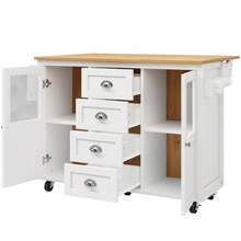 Kitchen Island, Kitchen Cabinet, Sideboard, 120x73(45)X93cm, Extendable Kitchen Trolley With Wheels, Towel Rail, Spice Rack, Adjustable Shelves, Two Doors, Four Drawers, White/Black - White - View 8