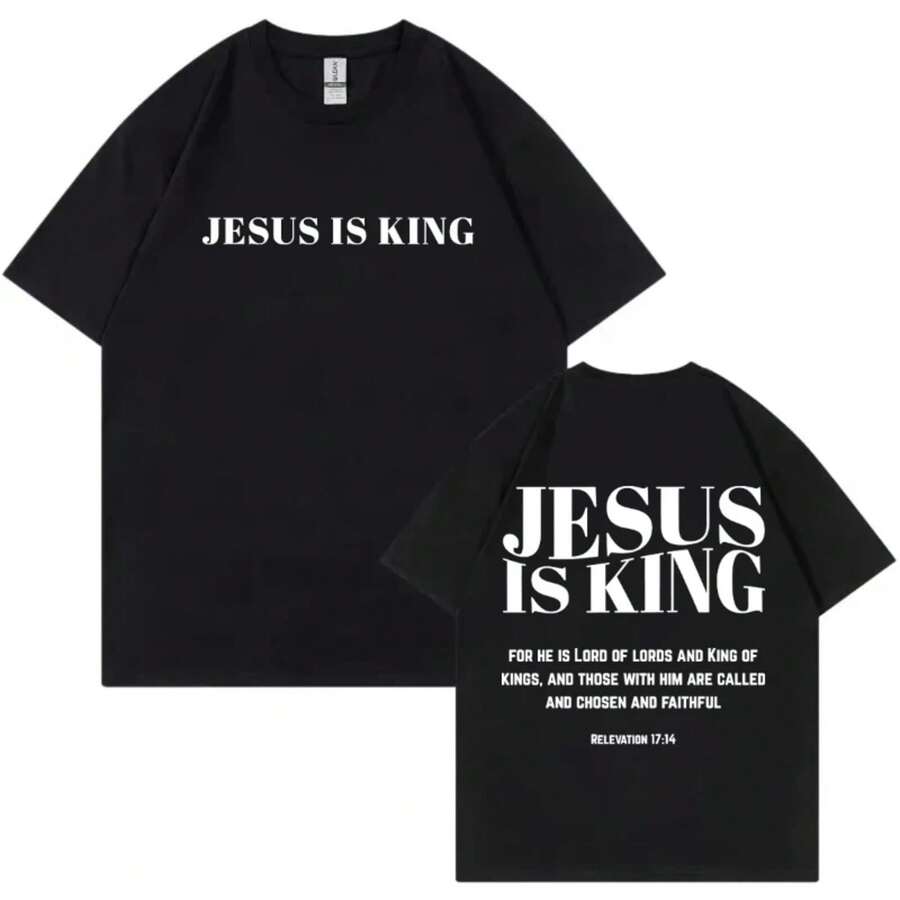 Camiseta de merchandising con versículo bíblico cristiano, moda de streetwear, camisetas de cuello redondo de gran tamaño, camisetas casuales de algodón de manga corta para hombres y mujeres - Negro - Ver 1