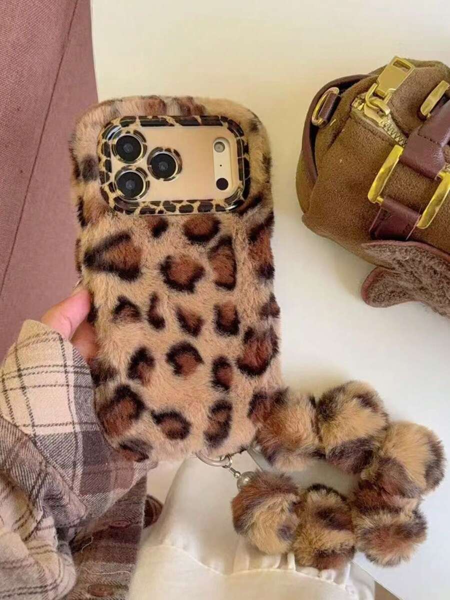 豹纹毛绒手机壳，带腕带，兼容 17/14 Pro Max、14 Pro、14、15 Pro Max、15 Pro、15、16 Pro Max、16 Pro、16、新款 13 Pro Max/13 Pro，简约设计，适合女性，秋冬季款 - 彩色 - 查看 1